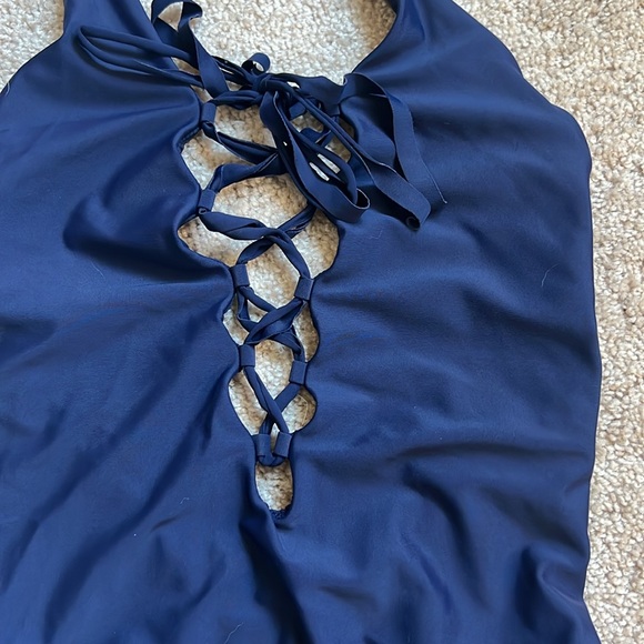 Aerie Maillot De Bain Navy Lace Up Deep Plunge Front One Piece Swimsuit   Size S - Picture 2 of 9